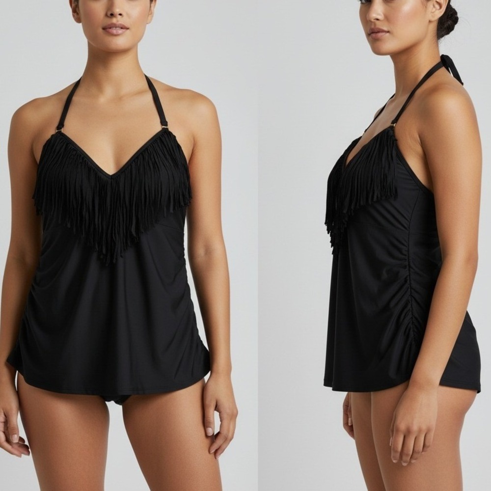 Swimsuits For All Black Fringe Halter Tankini Top